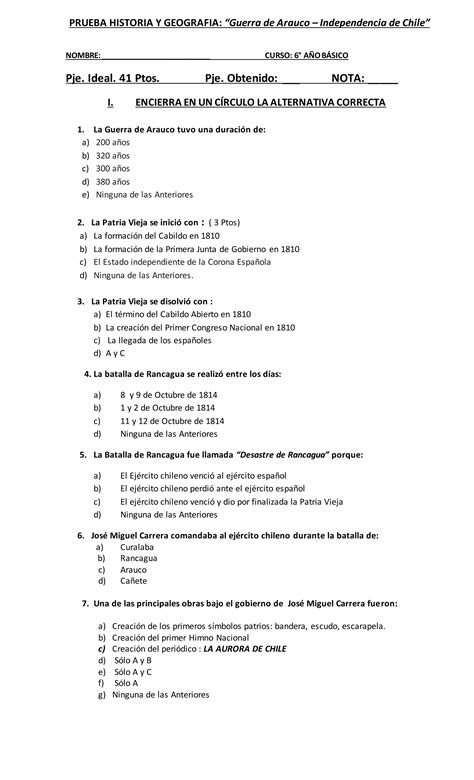 Prueba Historia Y Geografia Guerra De Arauco Independencia PDF