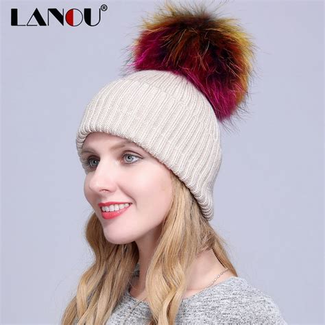 Fashionable Knitted Hats With Colorful Real Raccoon Fur Pom Poms Ball