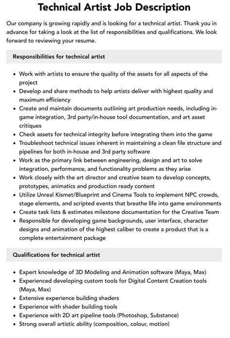 Technical Artist Job Description Velvet Jobs