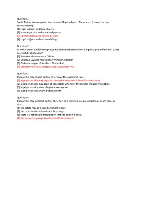 Pvl Mcq Revision Question South African Law Recognises Two