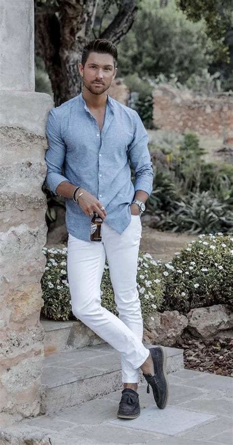 Light Blue Denim Shirt Men Shirts Outfits With White Jeans Linen