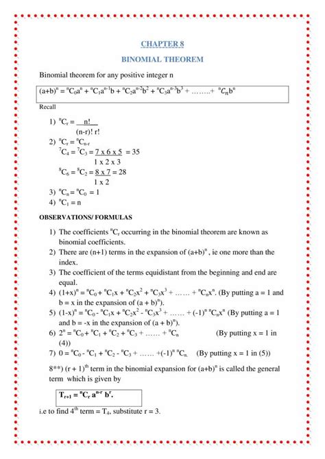 Notes On Binomial Theorem 11th Class Notes Learnpick India