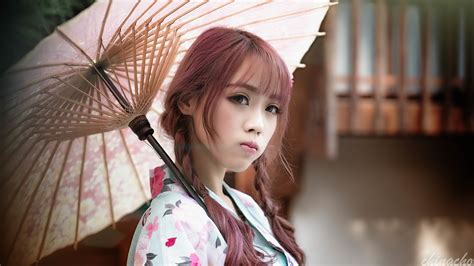 4K Asian Umbrella Glance Braid Hair Hands Cute HD Wallpaper