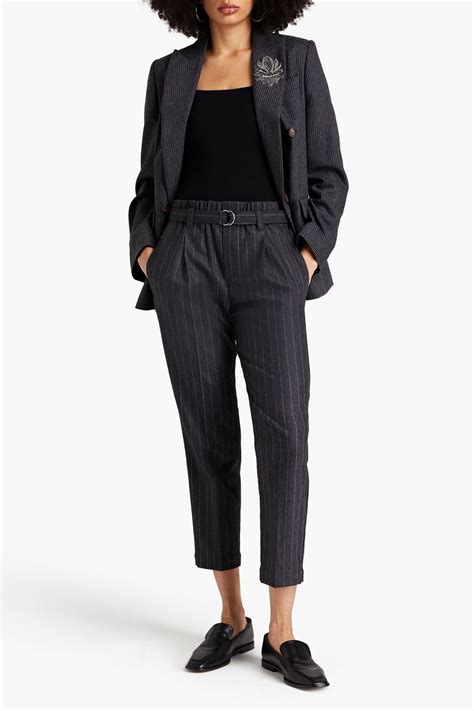 BRUNELLO CUCINELLI Bead Embellished Pinstriped Wool Blend Tapered Pants