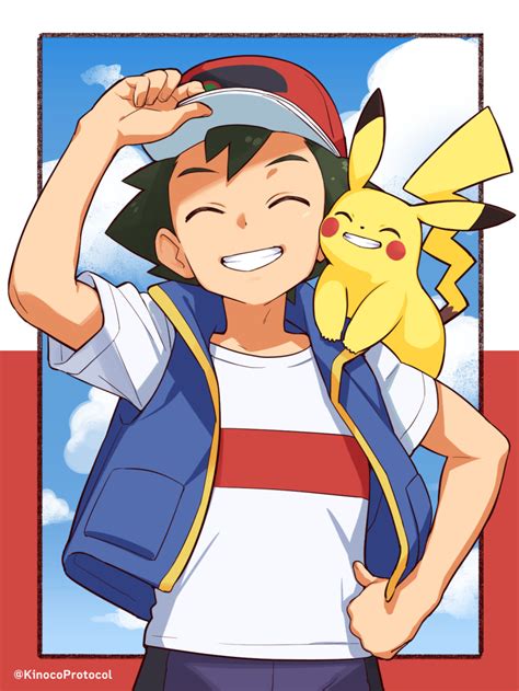 Safebooru 1boy Arm Up Ash Ketchum Blue Jacket Closed Eyes Commentary Grin Hand On Headwear