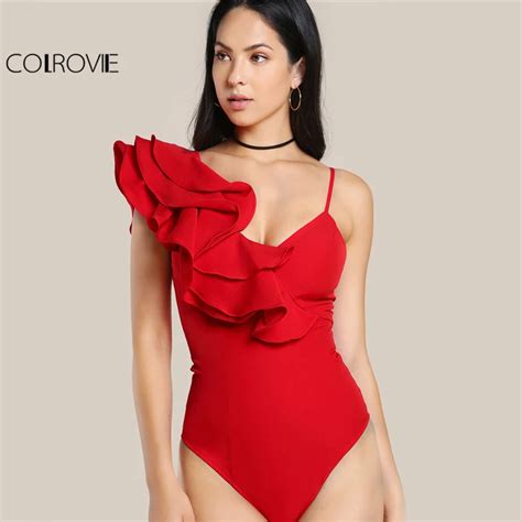 Buy Colrovie Ruffle One Shoulder Slip Bodysuit Layered