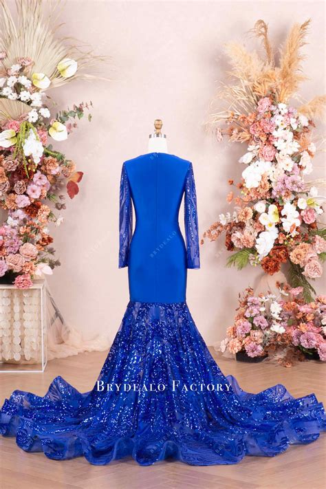 Sparkly Royal Blue Sequin Long Sleeve Mermaid Prom Dress