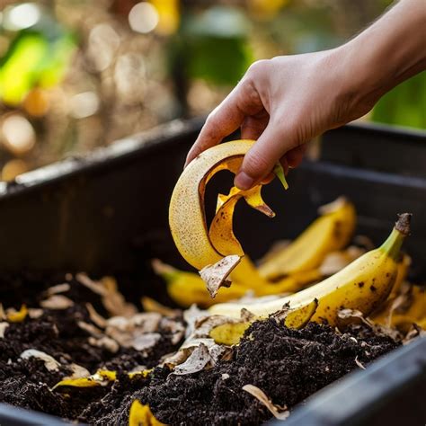 Hand Placing A Banana Peel Into A Compost Bin Premium Ai Generated Image