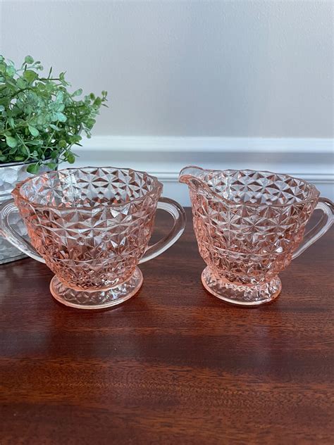 Jeannette Holiday Pink Buttons And Bows Depression Glass Sugar And Creamer Etsy