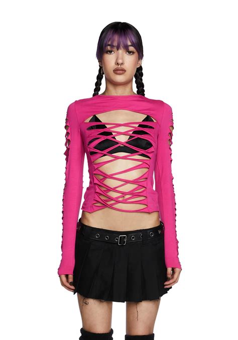 Current Mood Cut Out Lace Up Weaving Long Sleeve Top Pink Dolls Kill