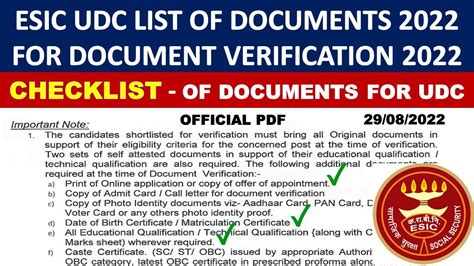 Esic Udc List Of Documents For Checklist Of Document Verification