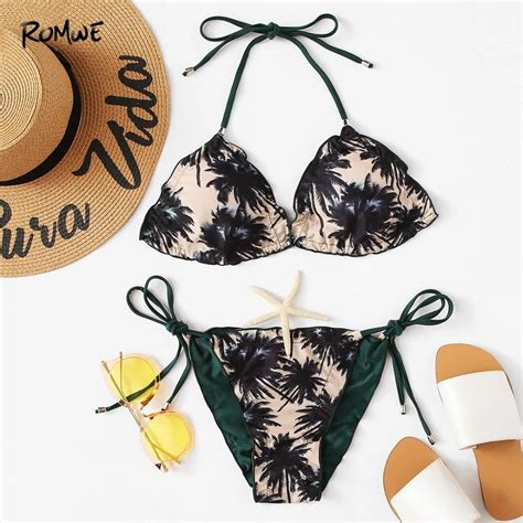 Romwe Sport Tropical Print Halter Beach Hot Sexy Bikini Set Swimwear