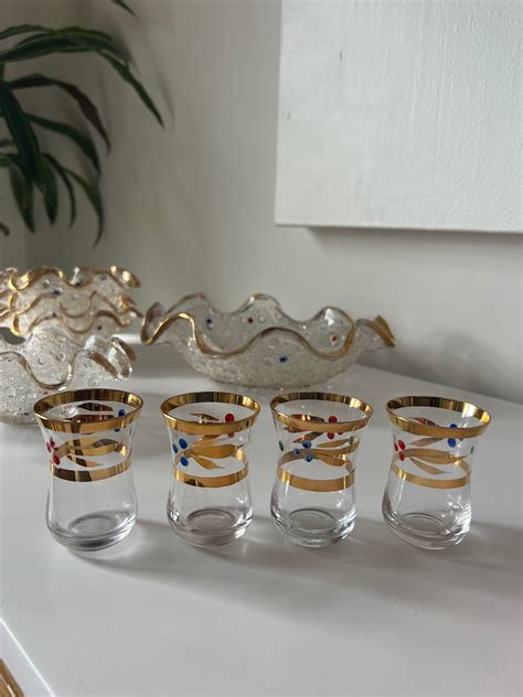 Vintage Gold Gilded Hand Painted Shot Glasses Set Of 4 Collectible Shot Glasses Elegant Shot