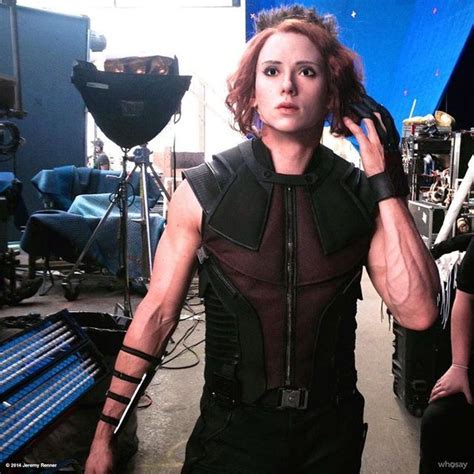 Jeremy Renner wearing Scarlett Johansson's stunt double's mask ...
