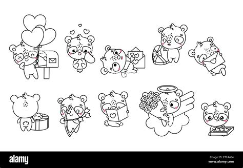 Collection Of Vector Kawaii Panda Coloring Page In Love Set Of