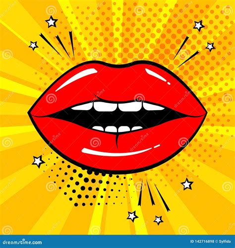 Red Lips On Orange Background In Pop Art Style Vector Stock