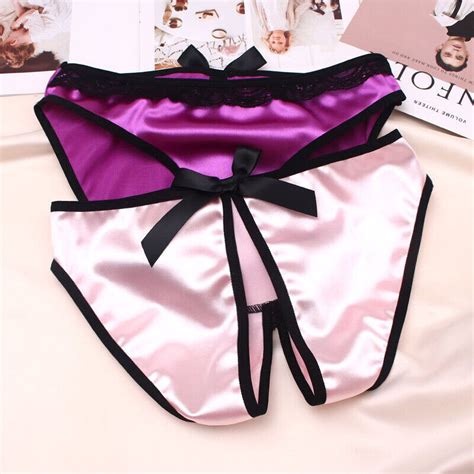 Womens Silk Satin Crotchless Thong G String Panties Lingerie Underwear