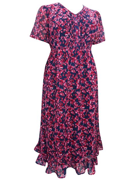 Woman Within Woman Within Navy Floral Print Pleated Chiffon Dress