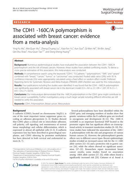 Pdf The Cdh C A Polymorphism Is Associated With Breast Cancer