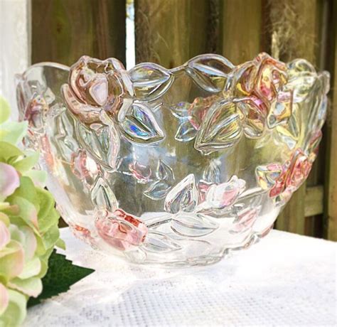 Glass Rose Bowl Fruit Clear Decorative Pink Flowers With Tinted