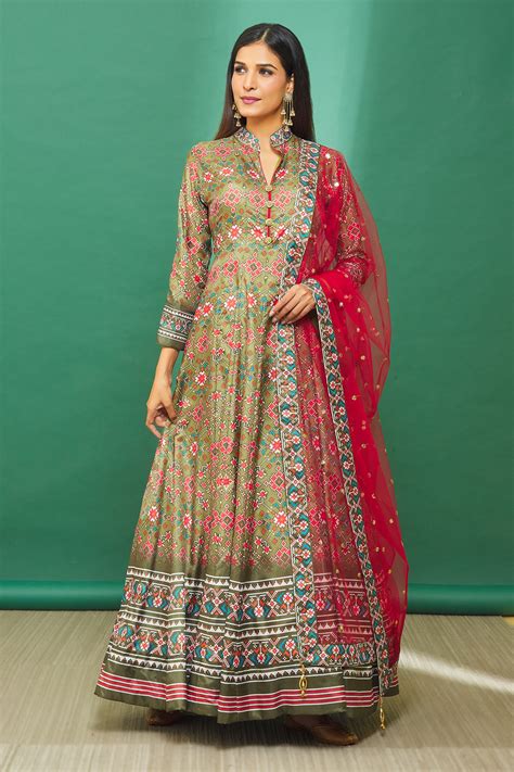 Buy Green Patola Print Anarkali With Sheer Dupatta For Women By