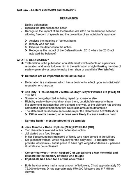 Tort Law Lecture 25022019 Defamation Defamation Define
