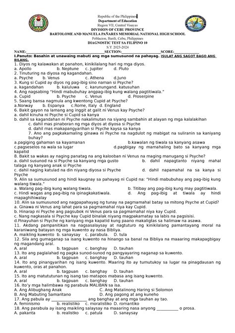 Diagnostic 1st Filipino 10 Republic Of The Philippines Department Of Education Region Vii