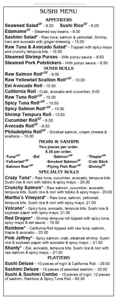 Menu at The Seafood Shanty restaurant, Edgartown