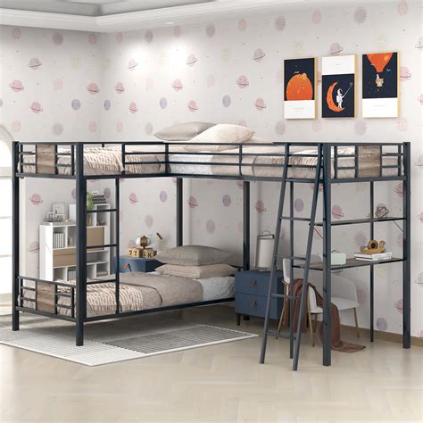 Box 1 Of 2 Only Merax Metal L Shaped Twin Over Twin Bunk Bed With A Twin Size Loft Bed