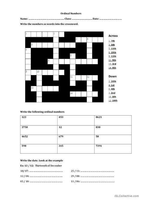 Ordinal Numbers Crossword English Esl Worksheets Pdf Doc