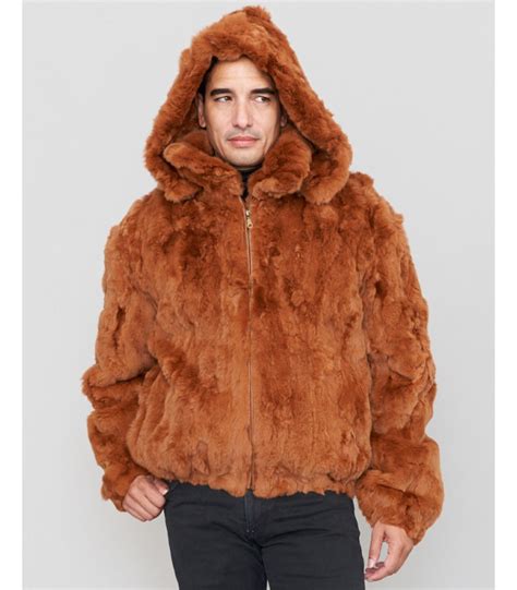 Lincoln Rabbit Fur Hooded Bomber Jacket For Men In Whiskey Furhatworld