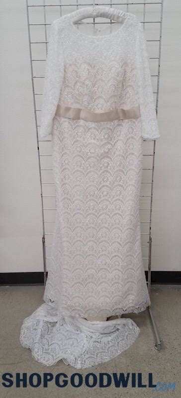 Oleg Cassini Plus Size Beaded Lace Champagne Ivory Wedding Dress Sz W