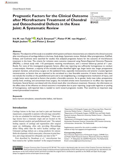 Pdf Prognostic Factors For The Clinical Outcome After Microfracture