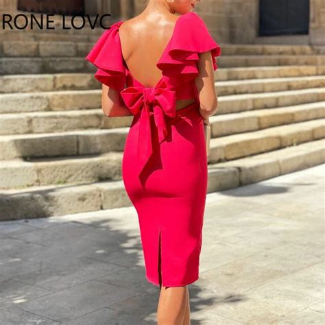 Women Elegant Bowknot Backless Ruffle Sleeves Midi Hollow Out Bodycon