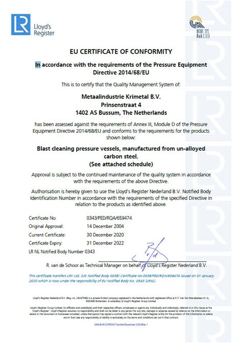 Krimetal Pressure Equipment Directive 2014 68 EU Module D