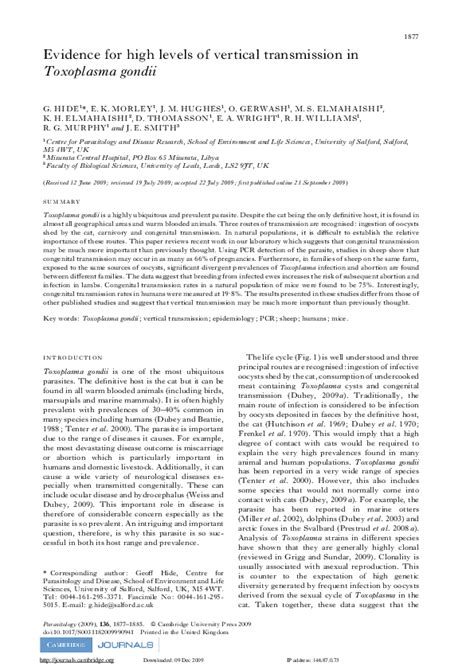 Pdf Evidence For High Levels Of Vertical Transmission In Toxoplasma Gondii Judith Smith And