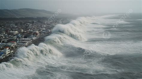 大きな波が小さな町に押し寄せる 津波の写真は本物 津波 災害背景壁紙画像素材無料ダウンロード Pngtree