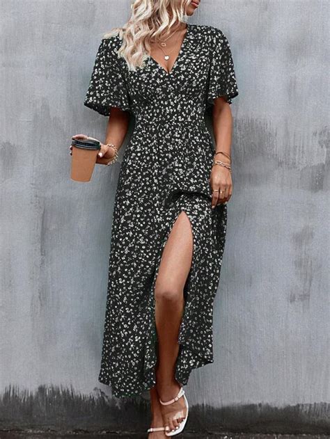 Shein Lune Ditsy Floral Print Butterfly Sleeve Split Thigh Dress