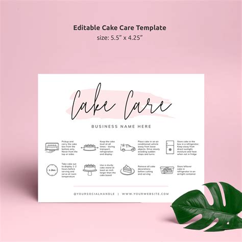 Cake Care Card Template Instant Printable Cake Transport Guide