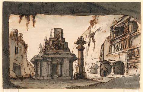 Drawing Stage Design Oriental Buildings Amidst Caves And Rocks Early