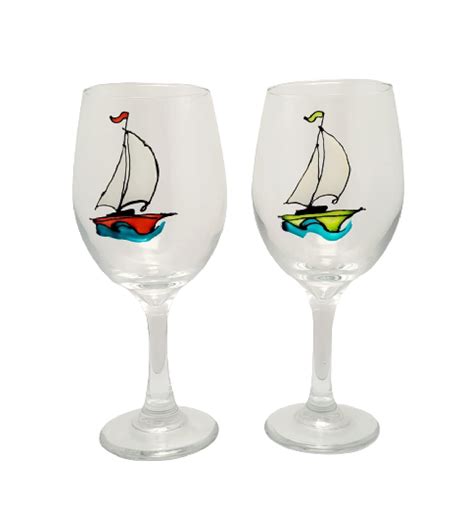 Amazon Sailboat Hand Painted Stemmed Wine Glasses Set Handmade