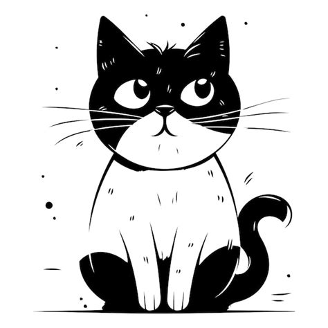 Un lindo gato blanco y negro con ojos grandes Ilustración vectorial