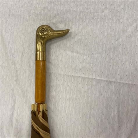 Vintage Umbrella Brass Duck Head Handle With Wooden Shaft 35” Diameters