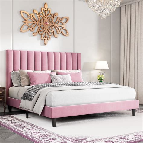 Sha Cerlin Pink King Size Platform Bed Frame With Velvet Vertical