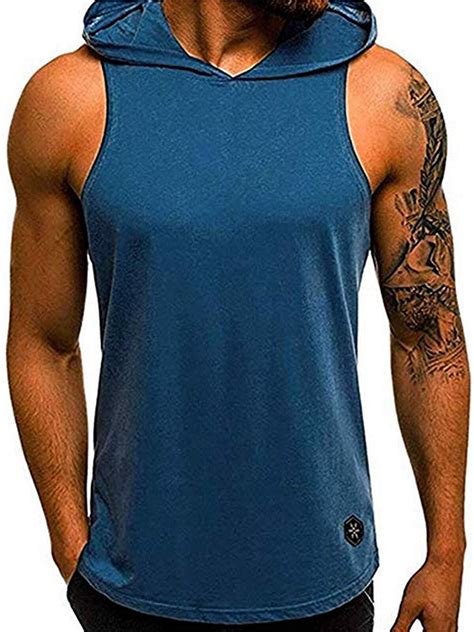 Men Gym Hoodie Shirt Muscle Sleeveless Tank Top Hooded Bodybuilding