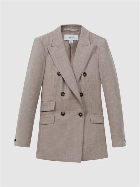 Tailored Wool Blend Double Breasted Suit Blazer In Oatmeal Reiss