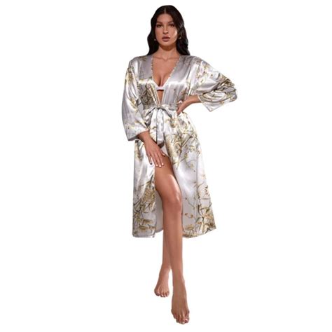 Sexy Women Silk Satin Pajamas Bathrobe Lingerie Solid Sleepwear Cami Robes Nightgown And Silk