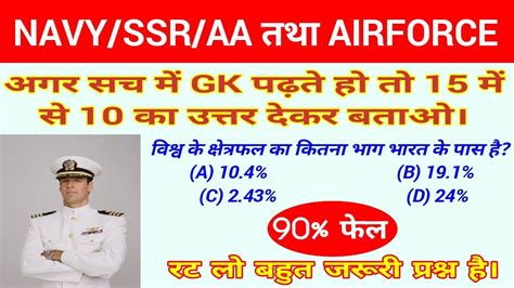 Indian Navy SSR AA Airforce TOP 15 GK Questions And Answer Important