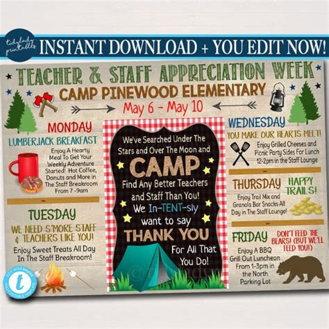 EDITABLE Camp Themed Teacher Appreciation Week Itinerary Poster