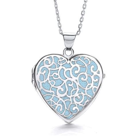 Heart Shape Light Blue Background Fancy Locket Sterling Silver Locket